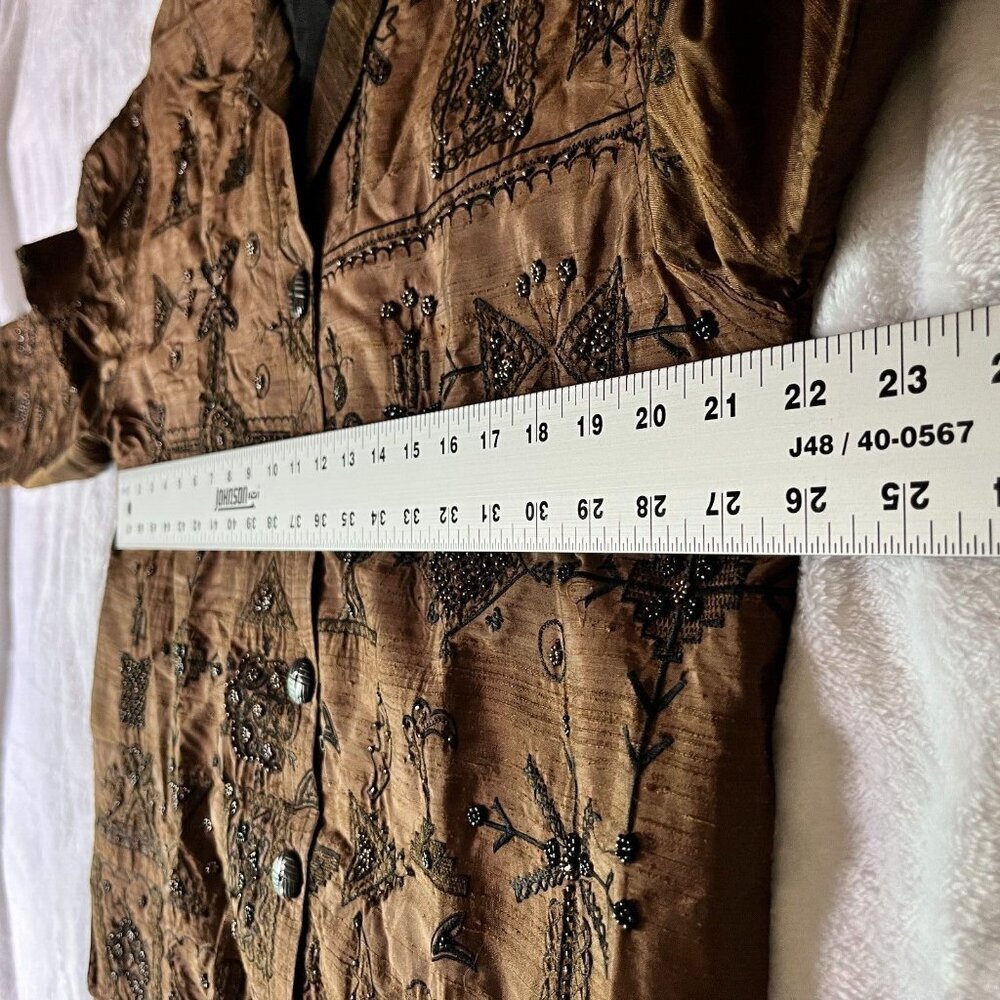 Chico's Design Womens Size 1 Silk Jacket Beaded Embroidered Bronze Shimmer Brown - Picture 6 of 8